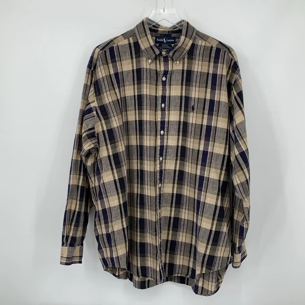 Polo Ralph Lauren Blaire button down plaid shirt navy blue tan plaid men XL